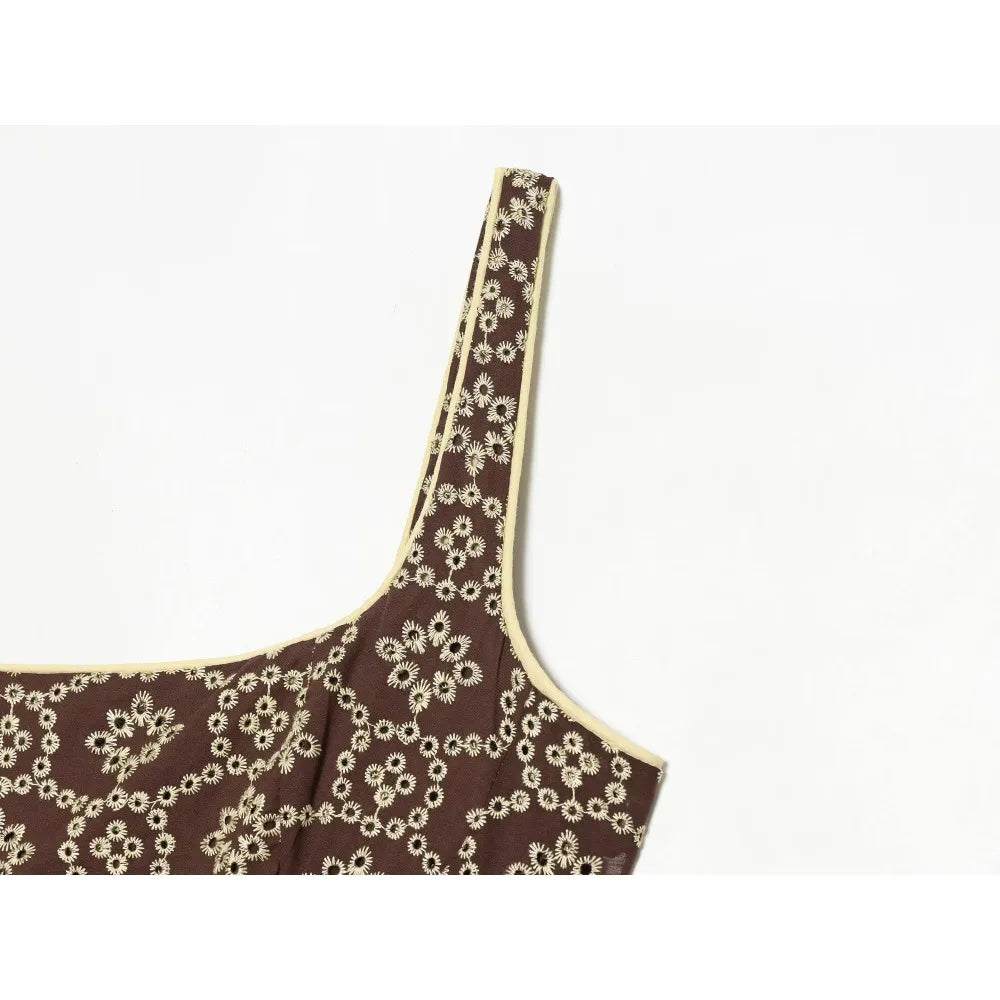 Elegant Embroidered Eyelet Belted Jumpsuits for Women Stylish Round Neck Straight Leg Jumpsuits with Thin Straps and Fabric Belt