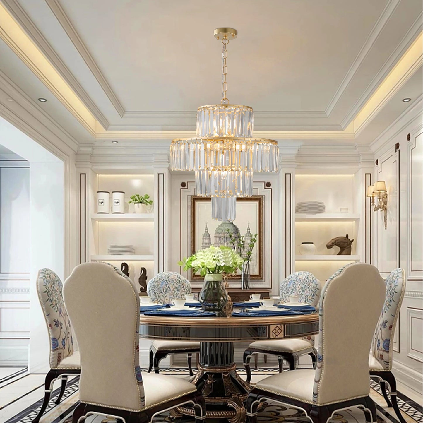 20" Luxury 4-Tier Crystal Chandelier, 12-Light Gold Frame Pendant Light, Elegant Ceiling Lighting for Living Room, Dining Room