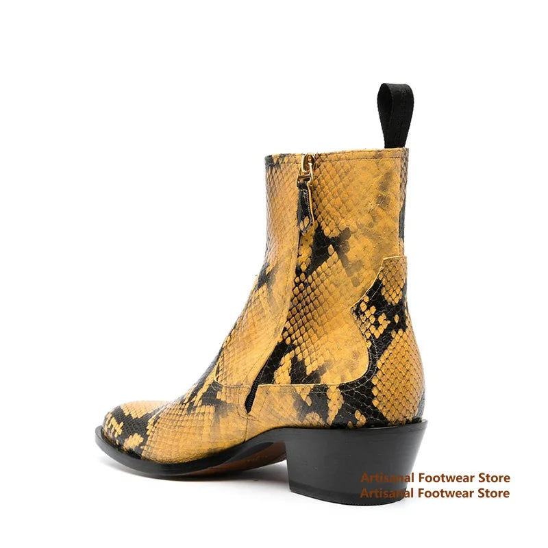Snake Pattern Chelsea Boots Designer Side Zipper High-Top Men's Boots British Style Trendy Handmade Height Increased Men Boots