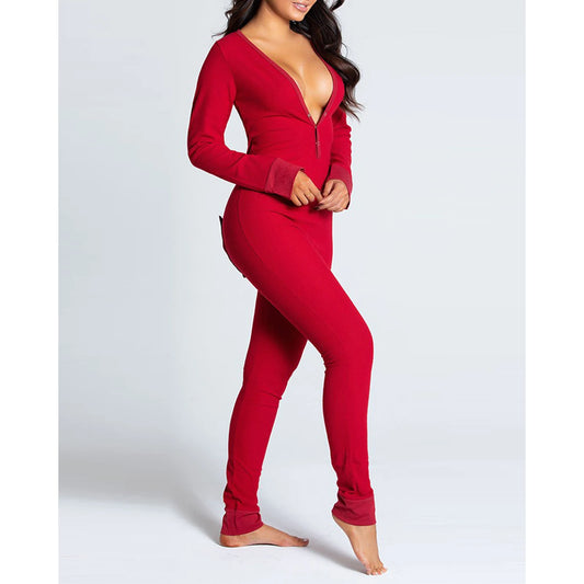 Combhasaki Women Sleeping Rompers Pajamas  Long Sleeve V-Neck Printed Slim Detachable Crotch Elastic Homewear Jumpsuits