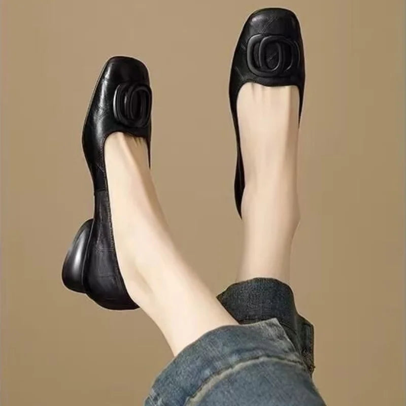 French Style Square Toe Block Heel Pumps Women Spring Autumn New Soft Leather Shallow Shoes Metal Buckle Vintage Women's Shoes
