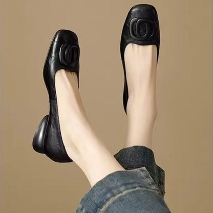 French Style Square Toe Block Heel Pumps Women Spring Autumn New Soft Leather Shallow Shoes Metal Buckle Vintage Women's Shoes