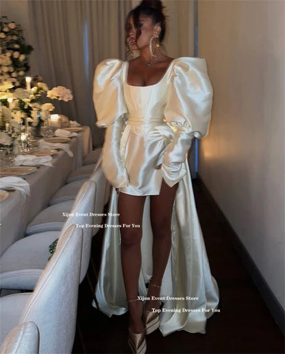 Xijun Ivory Satin Modern Evening Dresses Formal High Low Wedding Dresses Puff Sleeves Birthday Party Gowns Women 2025 Customized