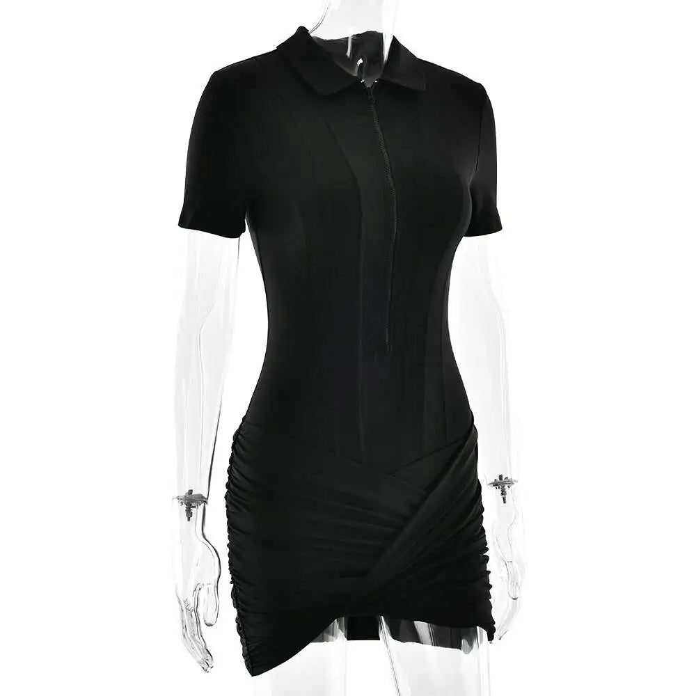 Sibybo Polo Collar Zipper Women Jumpsuits Set Short Sleeve High Elastic Rompers Ruched Bodycon Skirt Spring Casual Matching Sets