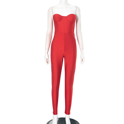 Sexy Strapless Corset Jumpsuit Women Sleeveless Backless Jumpsuits Skinny One Piece Romper Silver Bodysuit Summer Female Clothes