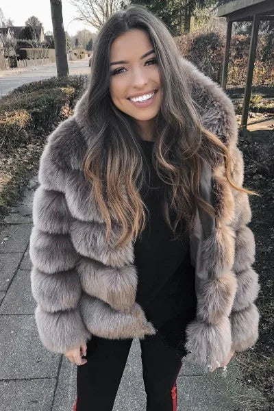 Fashion Winter Women Imitation Fox Fur Jacket Hooded Loose Long Sleeves Female Eco Fur Coat Patchwork Plush Thick Lady Fur Coat