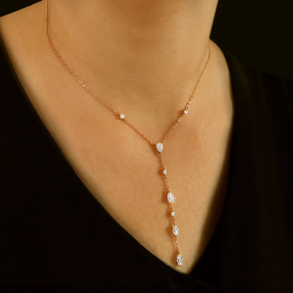 Multi Pear Marquise Moissanite Y-Shaped Necklace S925 Silver 18K Gold Plated Long Tassel Drop Chain Elegant Ladies Jewelry