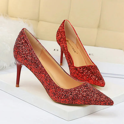 Women 7cm 9.5cm High Heels Pumps Wedding Bridal Scarpins Sparkly Mid Heels Lady Party Sequins Glitter Evening Gold Silver Shoes