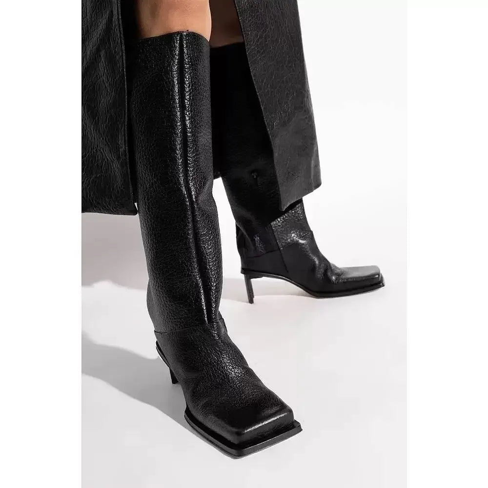 2026New Fashionable Square Head High Heels Women's Knee Length Boots with Side Zipper Stone Pattern Women's Mid Length Boots