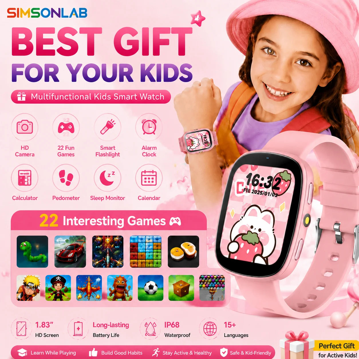 2026 Kids Smartwatch 1.83” HD Touch Screen Watch for Children with Camera Games Sleep Tracker, Alarm, Calculator – Birthday Gift