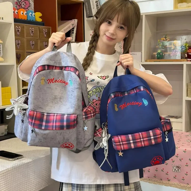 Preppy Style Blue Backpack for Girls, Plaid Spliced School Bag, Cute Nylon Daypack Star Pendant, Large Capacity Student Rucksack