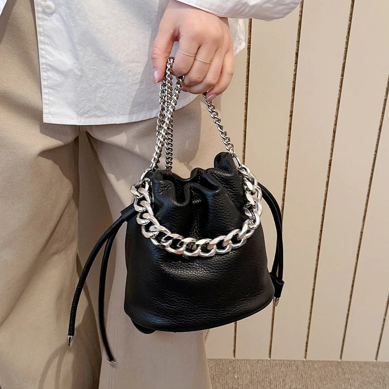 100% Genuine Leather Women Shoulder Crossbody Bags High Quality Solid Color Cow Leather Bucket Handbag Luxury Female Sac