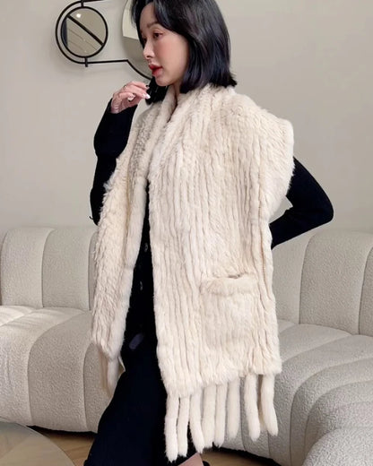 Winter Women Fashion Real Rabbit Fur Shawl 100% Natural Quality Rabbit Fur Scarf Female Hand Knitted Rabbit Fur Poncho Scarves