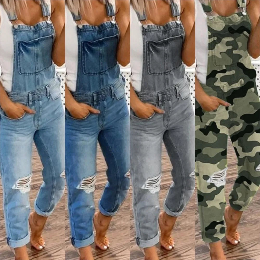 Women Sports Shoulder Straps Ripped Denim Rompers Spring Summer New Fashion Retro Slim Fit Female Versatile Casual Halter Jeans