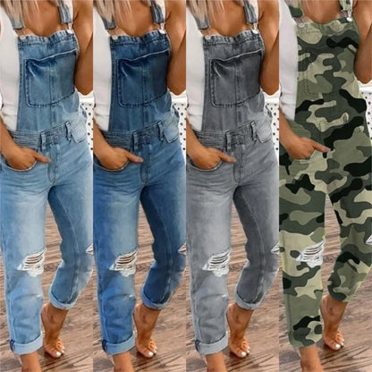 Women Sports Shoulder Straps Ripped Denim Rompers Spring Summer New Fashion Retro Slim Fit Female Versatile Casual Halter Jeans