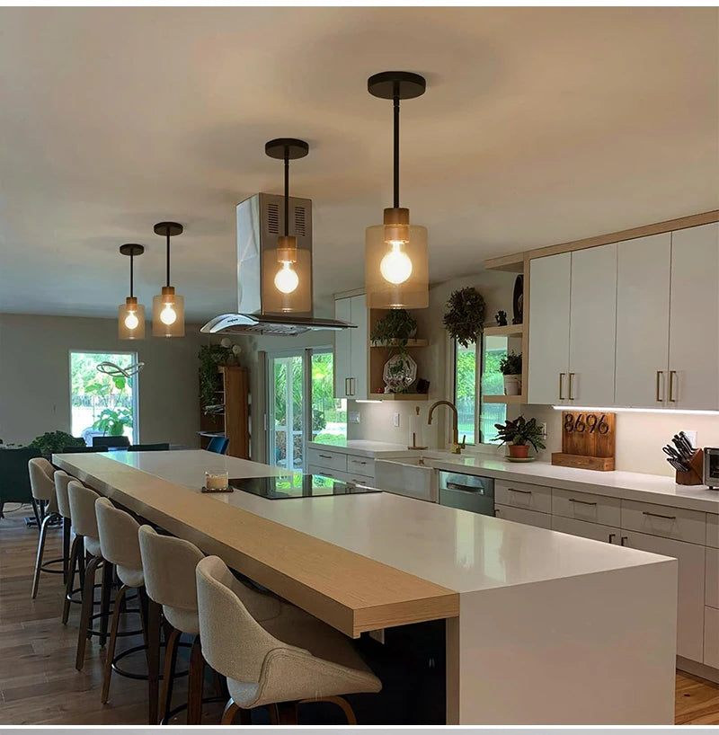 Modern Industrial Pendant Lamp Glass Hanging Adjustable Height Kitchen Dining Room Bedroom Bedside Bathroom Decor Lights