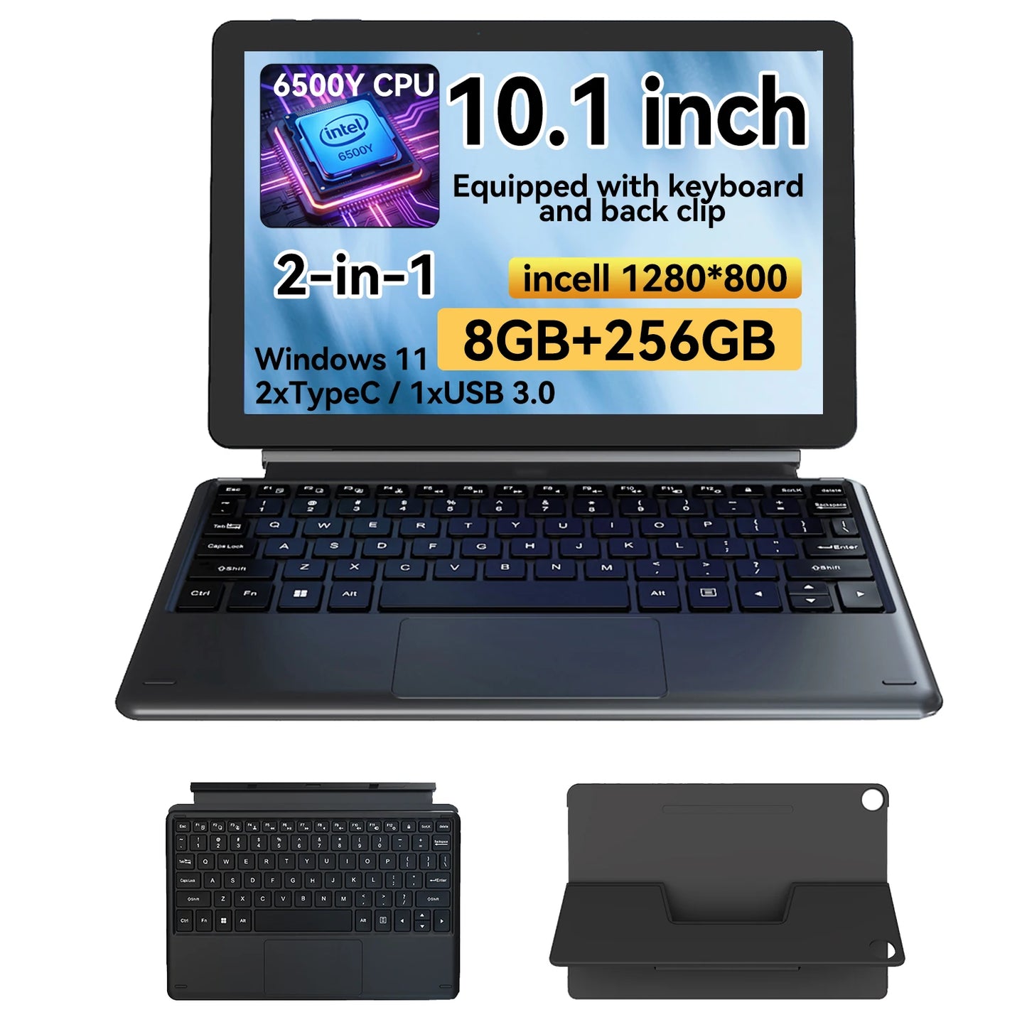 2-in-1 10.1 Inch Tablet Laptop Intel 6500Y 8GB+256GB SSD 1280*800 350Nits Windows 11 Type-C USB3.0 micro HDMI Wifi5 BNCF W1001
