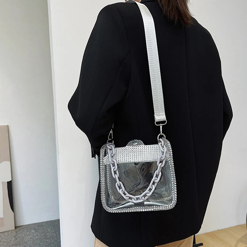 2026 NEW Transparent Shoulder Bag New Chain Handbag Fashionable Diamond Inlaid Jelly Bag PVC Women Crossbody Bag