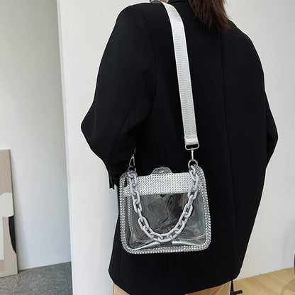 2026 NEW Transparent Shoulder Bag New Chain Handbag Fashionable Diamond Inlaid Jelly Bag PVC Women Crossbody Bag