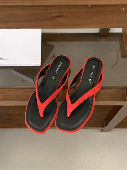 ZAROY Red Women's Flip Flops Summer Slippers Square Clip Toe Thin Low Heels Casual Beach Mules Slides Thongs Sandals Zapatos