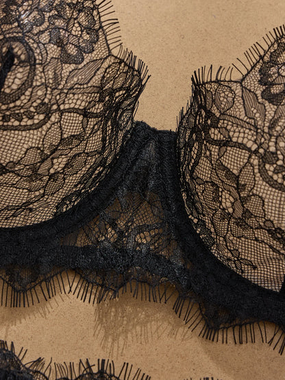 Ladies' Basic Style Thin Lace Bra And Panty Set Seamless Single Layer Eyelet Underwear Comfortable Intimate Apparel