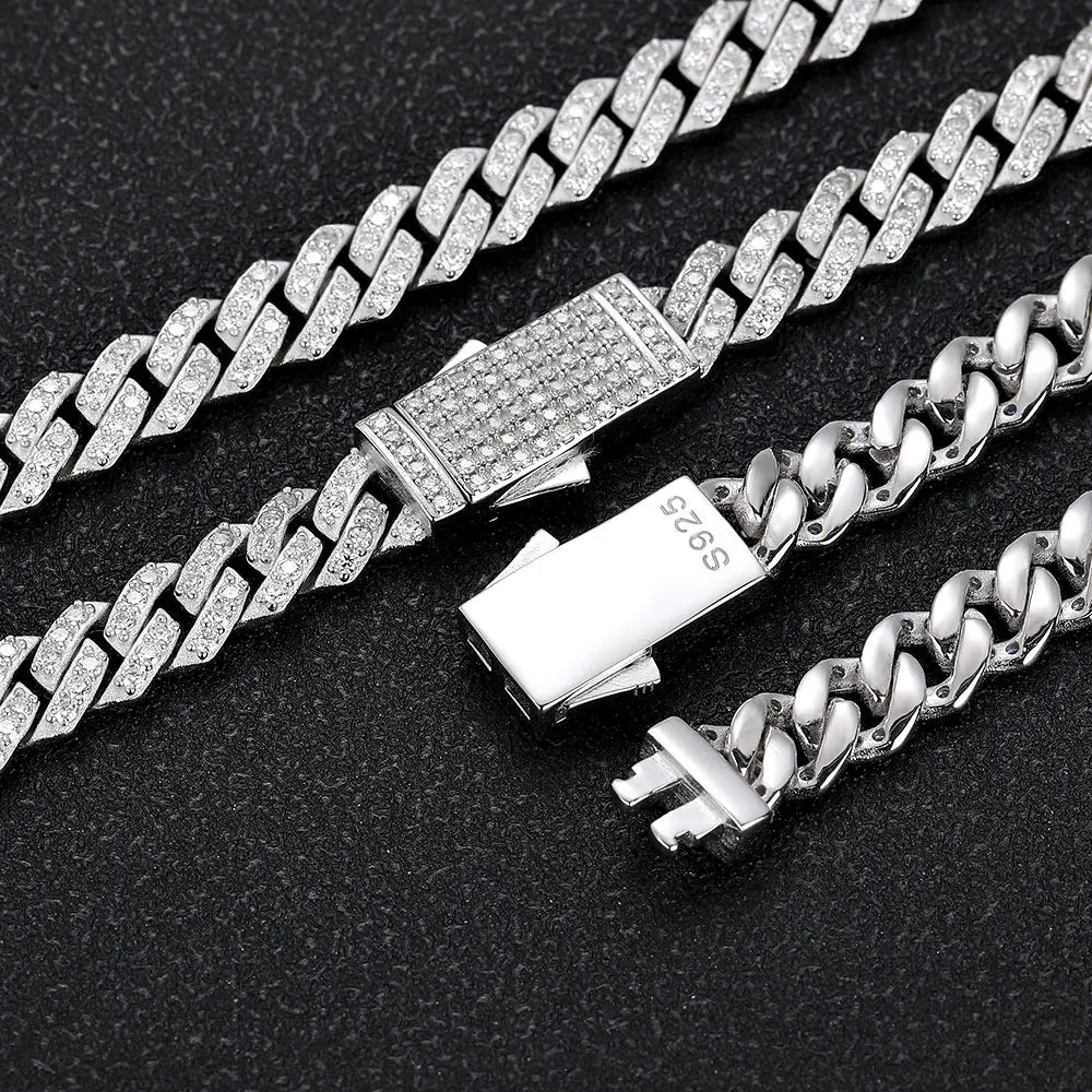 925 Silver 8mm Prong Moissanite Cuban Link Chain Iced Out 1Row Pass Diamond Tester VVS Sterling Silver Necklace Bracelet