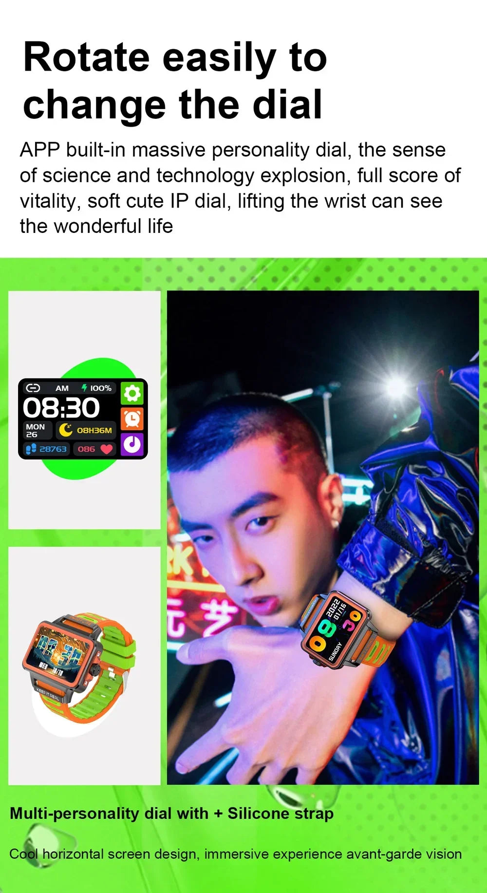 Hip Hop Fashion Personality Smart Watch 1.57-inch HD Screen 24h Continuous Heart Rate Sleep Monitor Game Waterproof Smartwatch