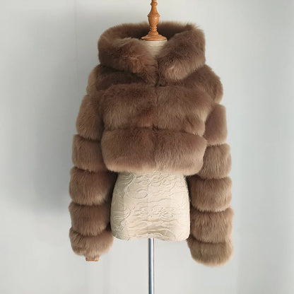 2026 Women Winter Plus Size Faux Fur Croped Coat Female Furry Hooded Long Sleeve Plush Jacket Lady Fake Fur Warm Fluffy Cardigan