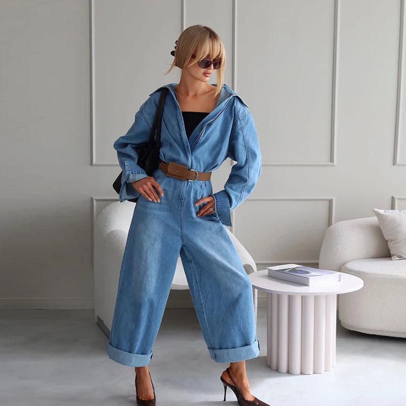 Casual Denim Long Jumpsuits Women Lapel Long Sleeves Zipper Belts Loose Pants Bodysuits Female 2026 Autumn New Chic Streetwears