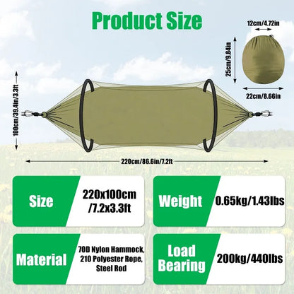 3-in-1 Camping Hammock with Automatic Pop-Up Mosquito Net, Lightweight 70D Nylon Portable Hammock Supports 440lbs, Dual Zipper Outdoor Hammock for Camping Hiking Backpacking Beach Backyard