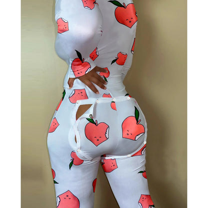 Combhasaki Women Sleeping Rompers Pajamas  Long Sleeve V-Neck Printed Slim Detachable Crotch Elastic Homewear Jumpsuits