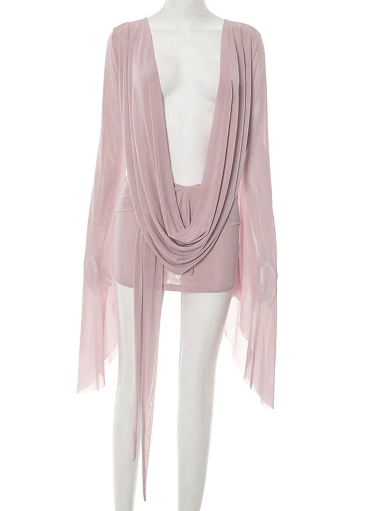 Kricessseen Women's Sexy Mesh Bodycon Mini Dress New Ladies Long Sleeve Deep V Ruched Sheer Pink Clubwear Party Dress
