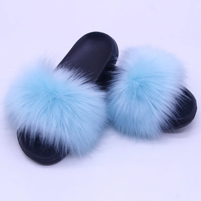 Women's  Faux Fox Fur Slides Fluffy Open Toe Slippers Indoor Outdoor Casual Flat Sandals Luxury Furry Slide Shoes for Ladies