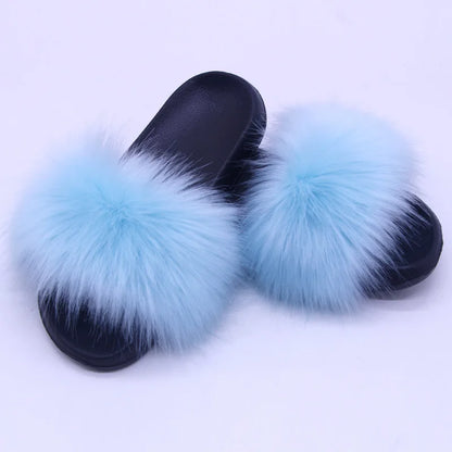 Women's  Faux Fox Fur Slides Fluffy Open Toe Slippers Indoor Outdoor Casual Flat Sandals Luxury Furry Slide Shoes for Ladies