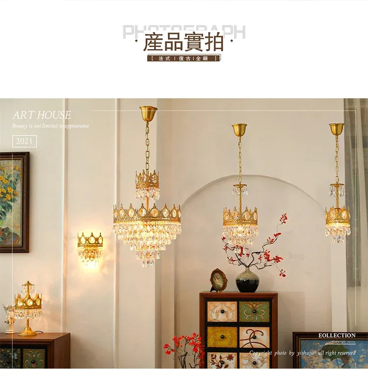 Modern Luxury Chandelier LED Crystal Vintage French Pendant Lamps for Living Dining Table Room Golden Crown Lighting Home Deocr