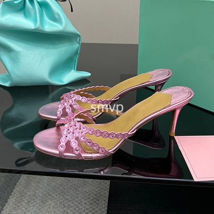 Summer 2026 Women's Pink Crystal High Heels Diamond-Encrusted Slim Heel Sandals for Outdoor Weddings Parties Fashionable Ladies'
