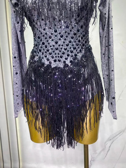 Sparkly Rhinestones Sequins Tassels Bodysuit for Women Sexy Performance Dance Costume Singer Dancer Leotard Show Stage Wear