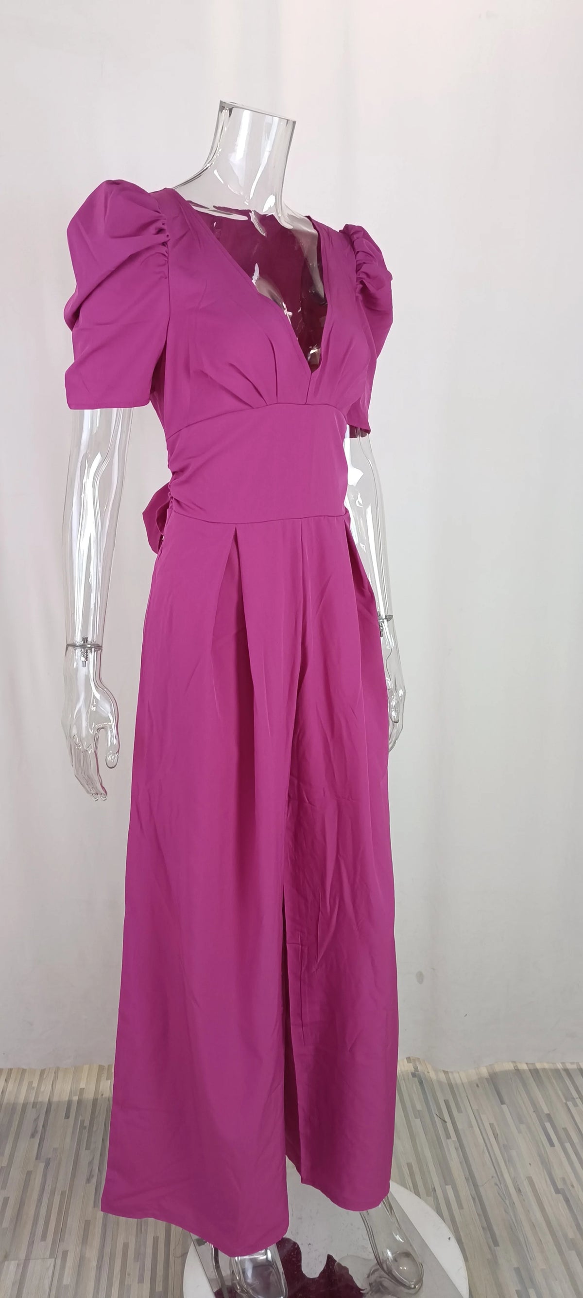Summer Women's Slim Short Puff Sleeve V-neck Wide Leg Long Jumpsuit Elegant High Waist Ruched  Pocketed Solid color jumpsuits