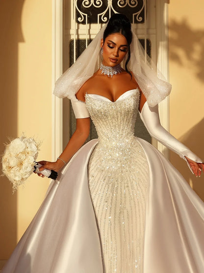 Detachable Satin Train Wedding Dress Elegant Dazzling Beaded Bridal Gown Customized Dreamy Sweetheart Neck Dresses For Bride