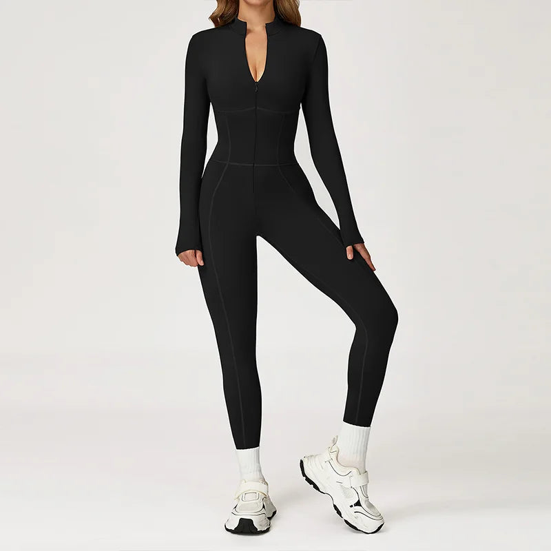 Winter Warm Fleece Sports Jumpsuits Fitness Suits Women's Sportswear Zipper Long Sleeves Tops One-Piece Dance Bodysuit Female