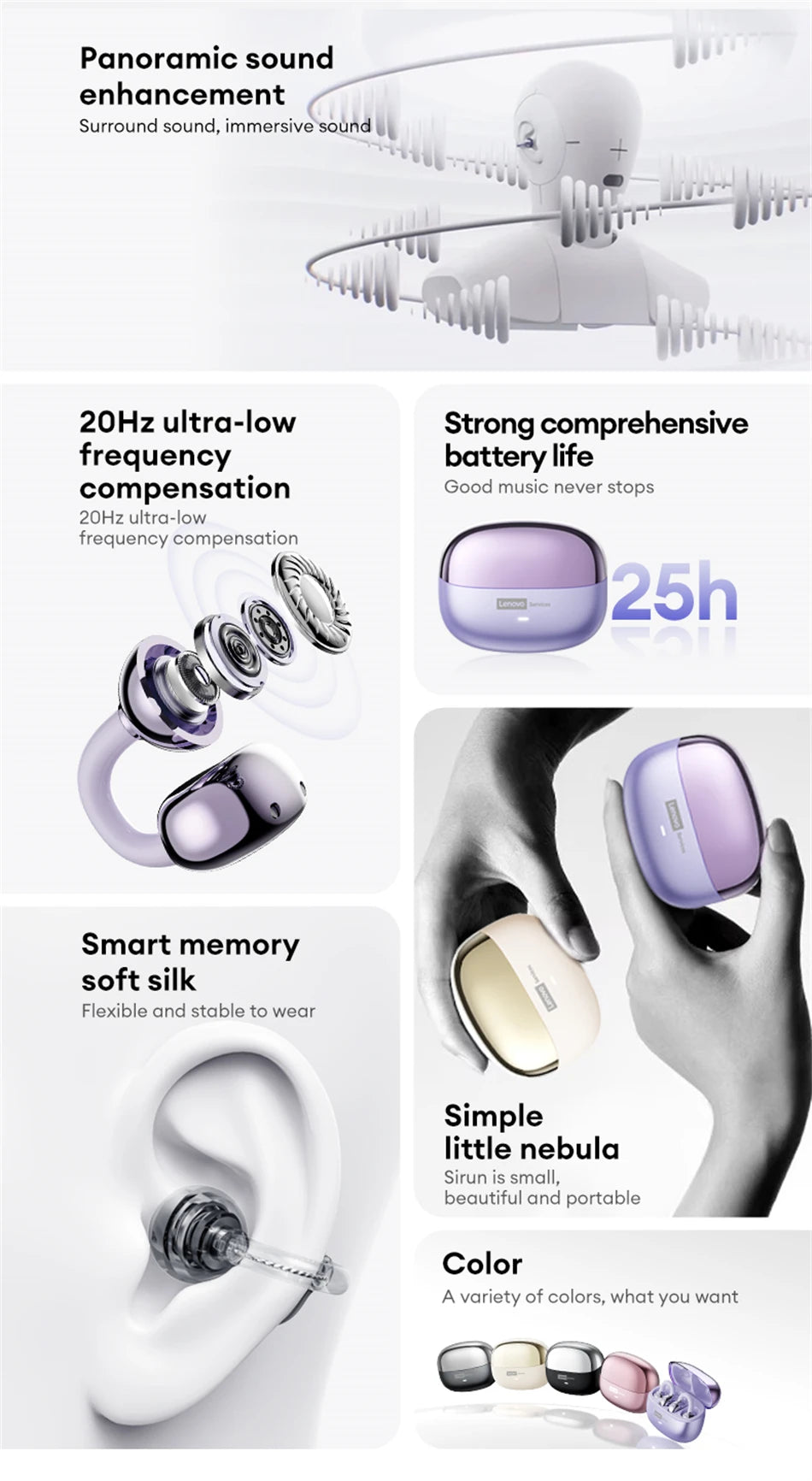 Lenovo LE302 Wireless Bluetooth 6.0 Headset Long Battery Life Sports Ear Clip Earphones HIFI Stereo Noise Cancelling Headphones