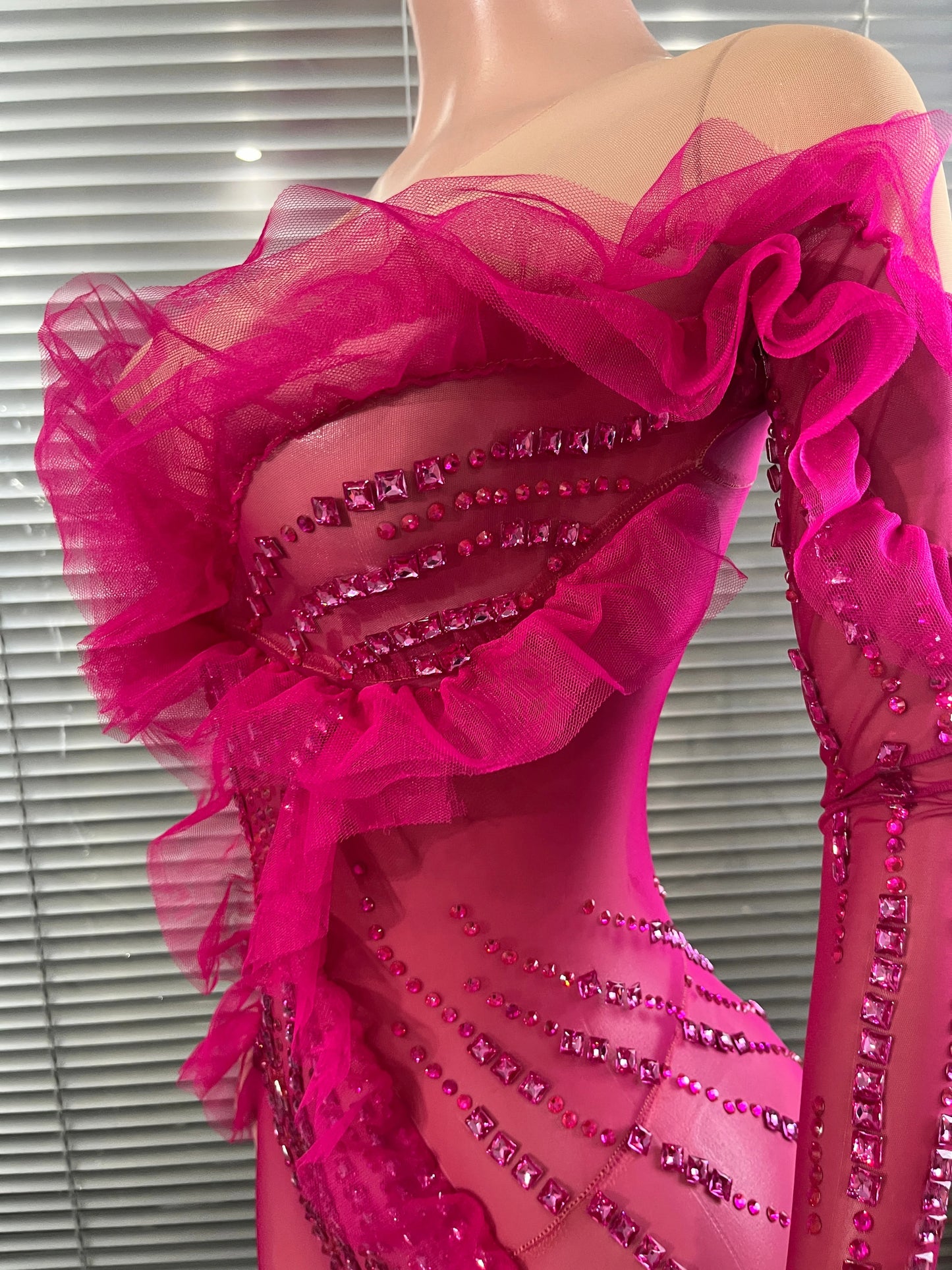 Luxury Rhinestone Mesh Bodysuit Ruffle Frill and Asymmetrical Design Formal Events Photoshoots Stage Performance Party Outfit