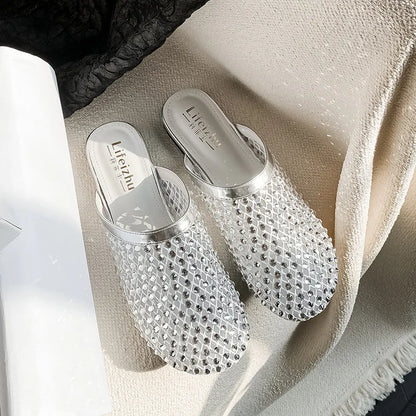 Summer Shoes for Women Slippers Luxury Rhinestone Rivets Casual Sandals Mesh Slip-on Loafers