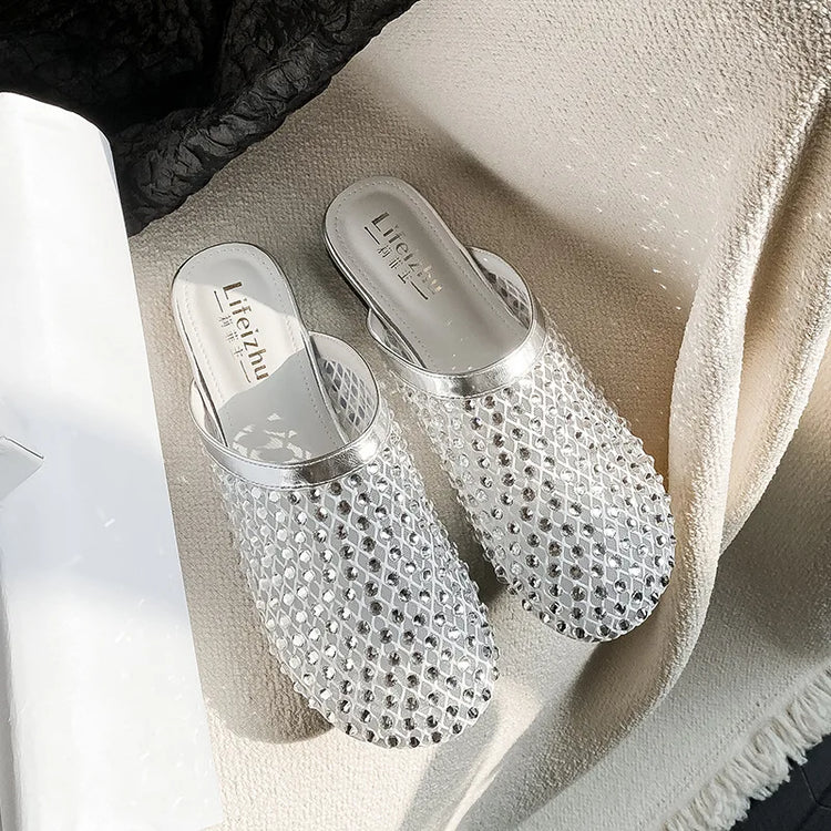 Summer Shoes for Women Slippers Luxury Rhinestone Rivets Casual Sandals Mesh Slip-on Loafers