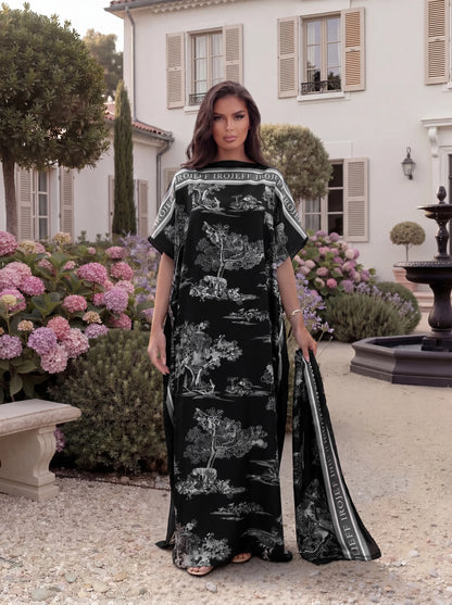 Vintage Landscape Print Satin Abaya Scarf Set, Loose Batwing Maxi Kaftan Modest Dress for Muslim Women Summer Daily Holiday Wear