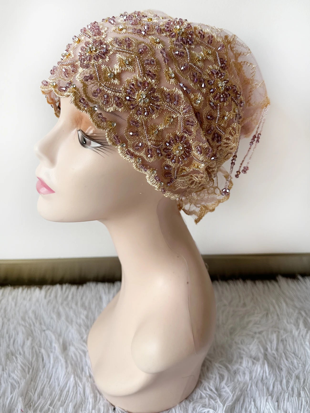 High Quality Lace handcrafted Beaded Turban Hat Female Head Wraps Caps Muslim Women Headscarf Bonnet Ready to Wear Inner Hijabs