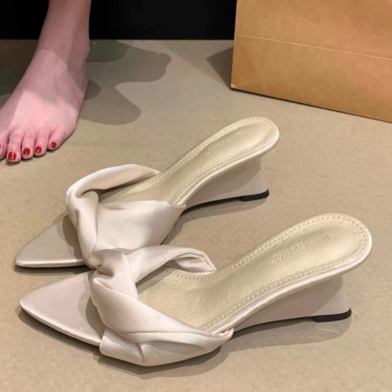 Pointed Toe Women Slippers Wedges Mid Heels Shoes Designer Elegant Pumps Summer 2026 New Sandals Fashion Slides Flip Flops Lady