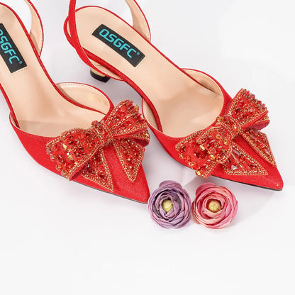 QSGFC Italian Design Red Elegant Women's Heels Fashion Crystal Bow Pointed Toe Sandals Nigeria Shoes Bag Set For Women