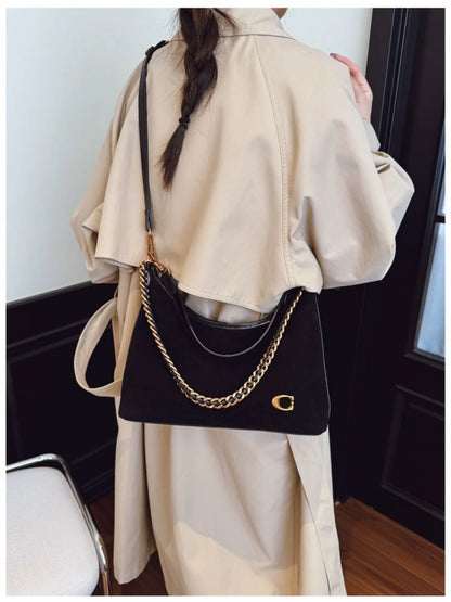Women's New Light Luxury Fashionable High-End Black Suede Shoulder Crossbody Bag,Versatile for Commuting,Large Capacity Tote Bag