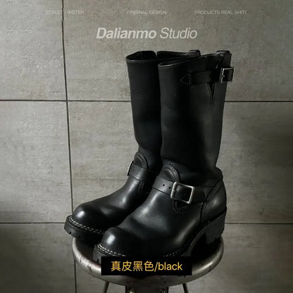 Leather Motorcycle Boots Men Women Engineer Shoes American Retro Khaki Suede Mid Calf motorcycle boots men motorcycle boots